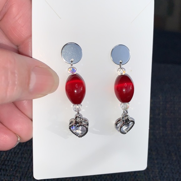 Handcrafted Red Bead Stud Post Drop Dangle Earrings W Heart of Cubic Zirconia - Picture 5 of 8